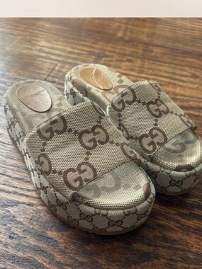 Gucci Beige GG Canvas Platform Slide Sandals
